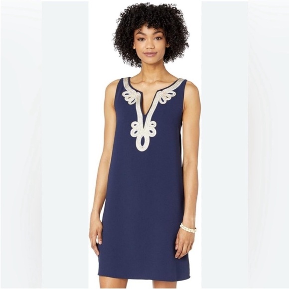 NWT LILLY PULITZER Cherlyn Navy Sleeveless Dress with Metallic Embroidery Trim - Picture 4 of 11
